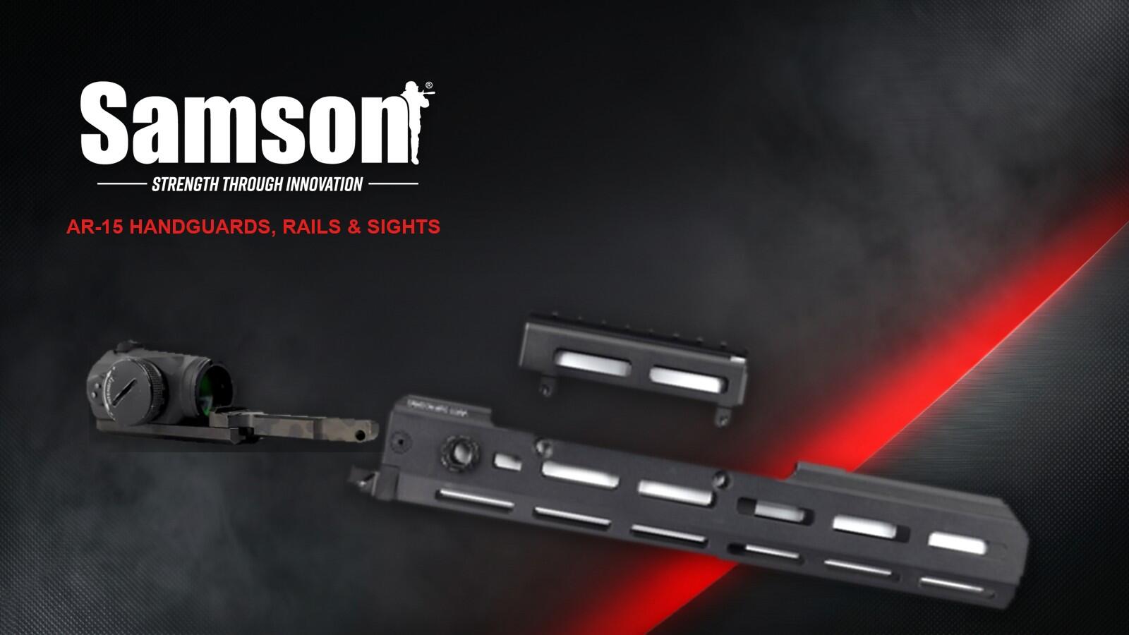 Samson Manufacturing logo with M-LOK handguards and a folding sight on a charcoal and red background