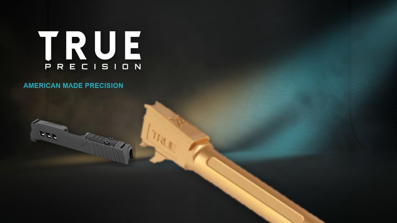 True Precision logo with a gold TiN threaded barrel and Axiom slide on a charcoal and teal background