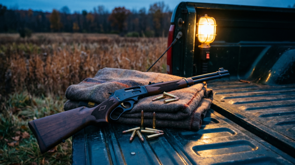 Marlin 336 Review: A Season in the Deer Woods with the Ruger-Made .30-30 (2026) 5 Marlin 336 lever-action and brass cartridges in a pickup bed at dusk after a deer hunt