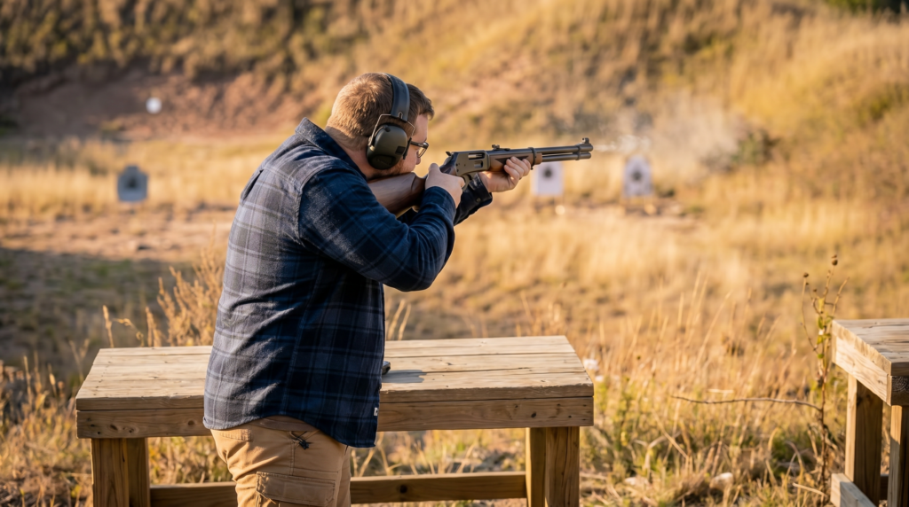 Marlin 336 Review: A Season in the Deer Woods with the Ruger-Made .30-30 (2026) 4 Shooter firing a Marlin 336 lever-action from a wooden bench at an outdoor range