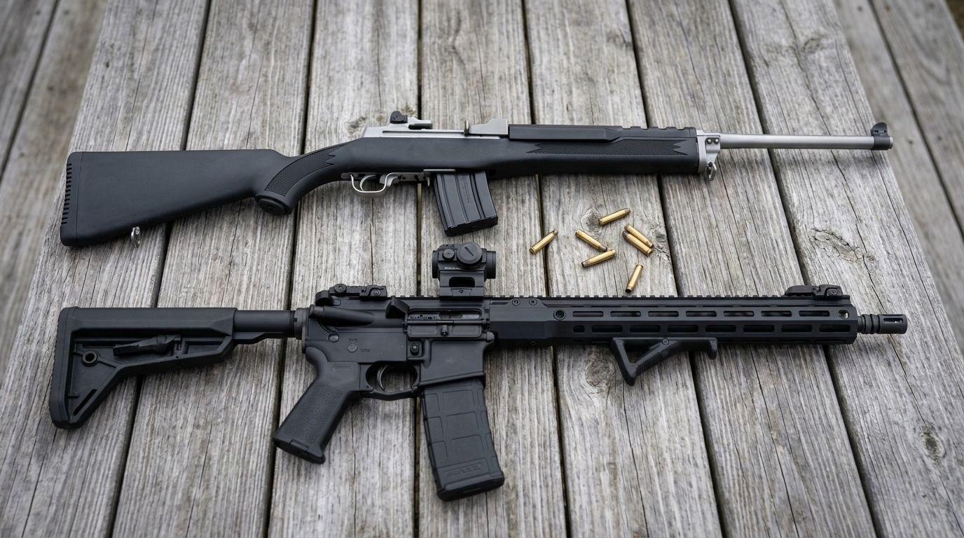 Mini-14 vs AR-15: Which .223 Rifle Should You Buy? (2026) 1 Ruger Mini-14 Ranch Rifle and a black AR-15 carbine laid side by side with brass