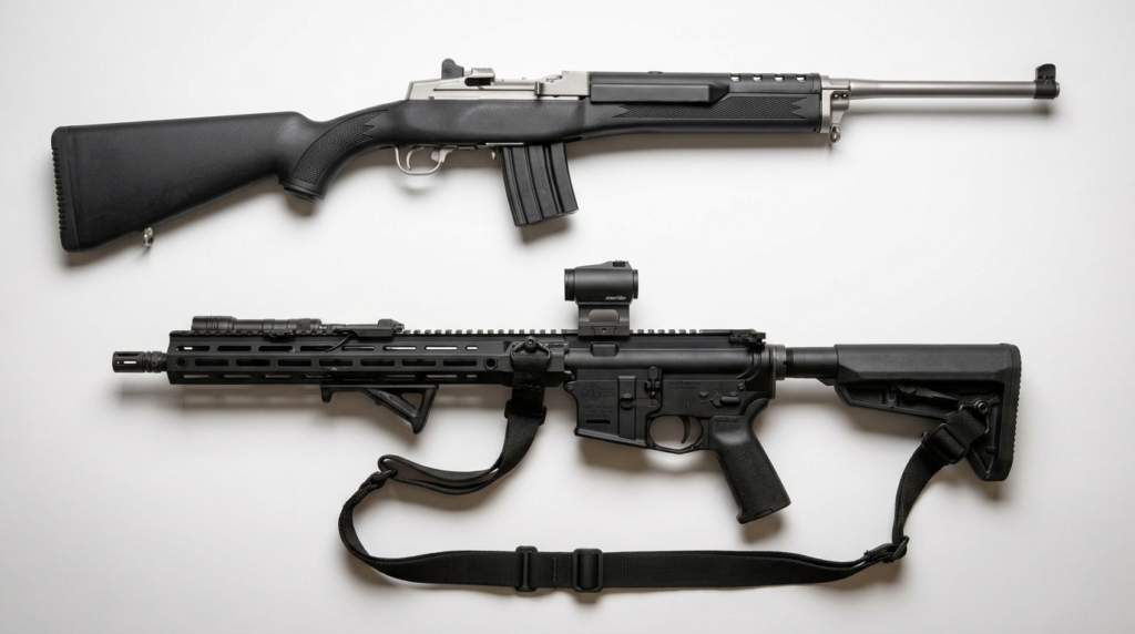 Mini-14 vs AR-15: Which .223 Rifle Should You Buy? (2026) 8 Top-down comparison of the Ruger Mini-14 and an AR-15