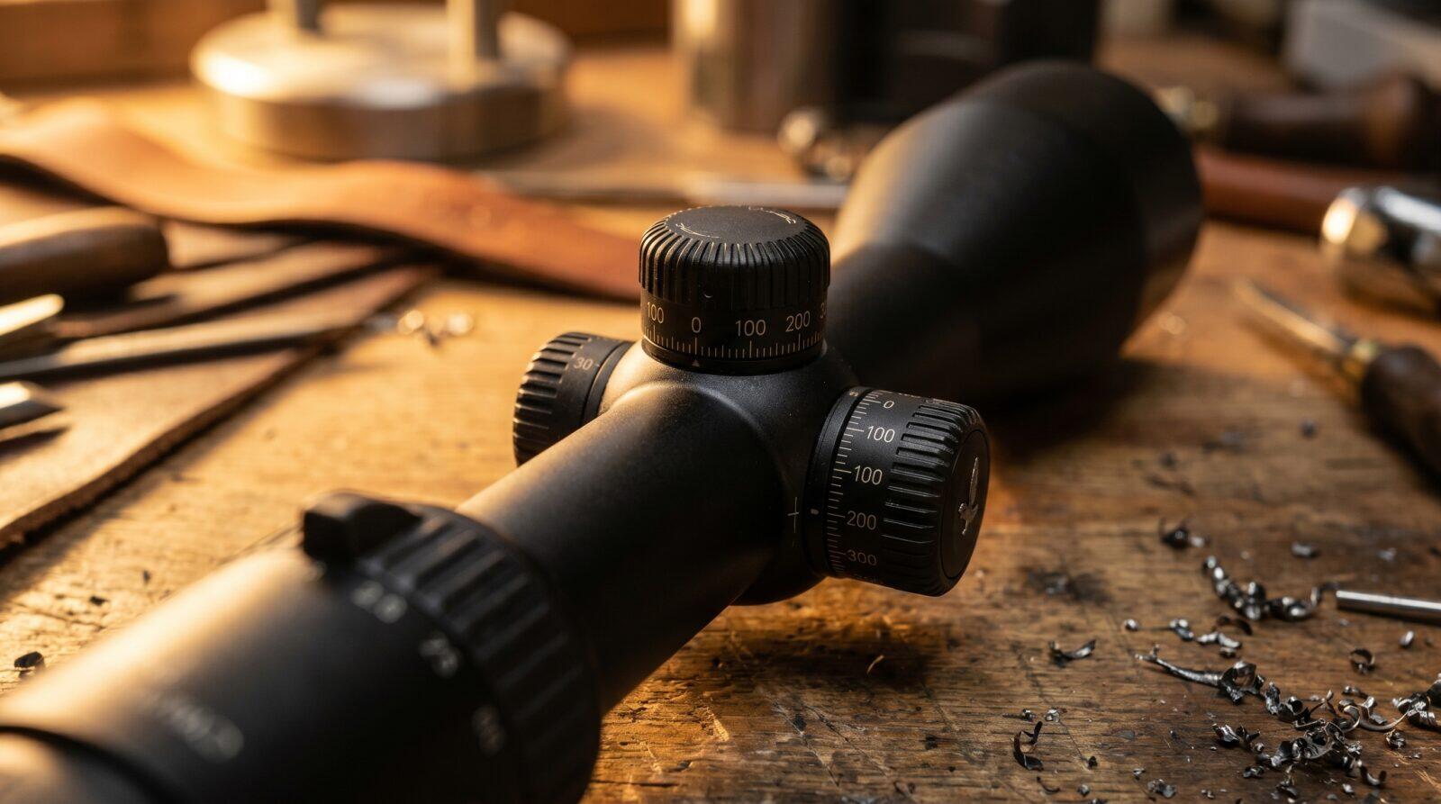 Riflescope elevation and windage turrets with MOA and MIL adjustment markings on a workbench