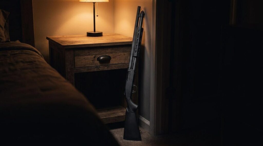 Benelli M4 vs Mossberg 590: Which Defensive Shotgun? (2026) 11 Black Mossberg 590A1 pump shotgun leaning by a nightstand for home defense