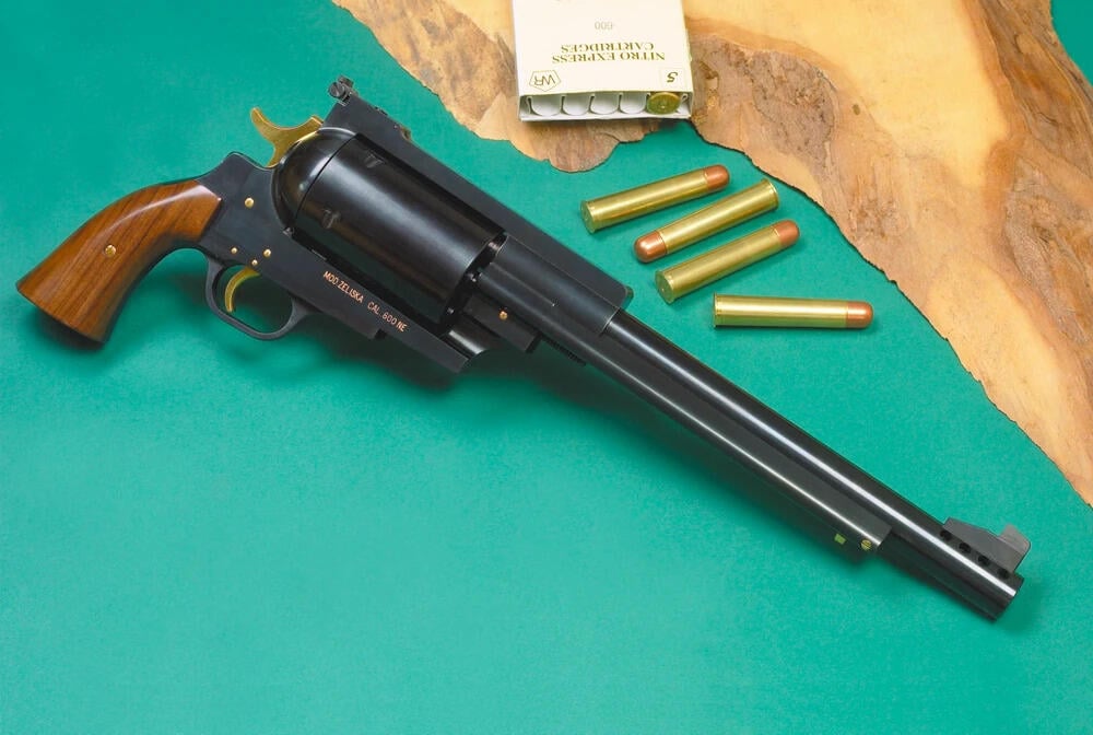 The Pfeifer-Zeliska .600 NE, with its elephant-gun cartridges. Photo: Cardboard007, CC BY-SA 4.0, via Wikimedia Commons.