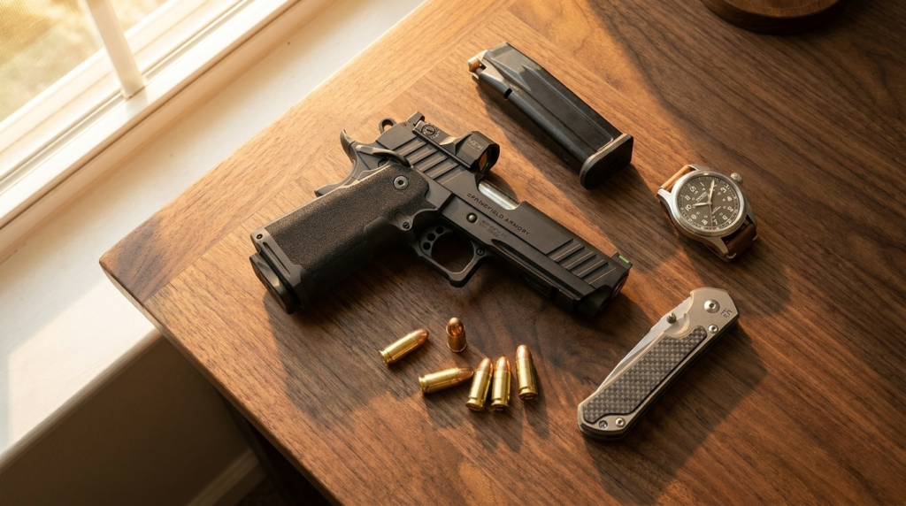 Springfield Prodigy Review (2026): The 2011 That Broke the Price Barrier 2 Springfield Prodigy 2011 pistol everyday-carry flat-lay with spare magazine and watch