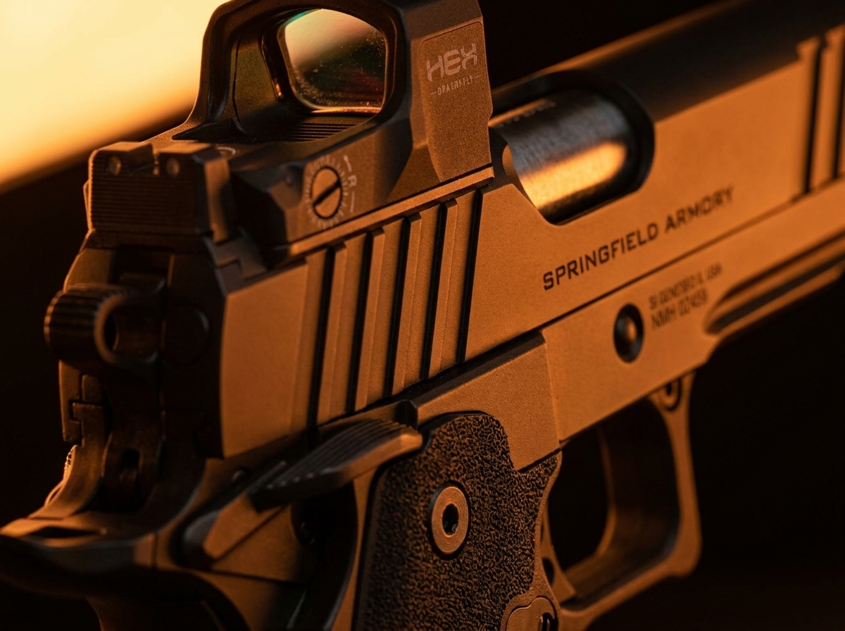 Springfield Prodigy optic and slide detail showing the AOS plate and rollmark