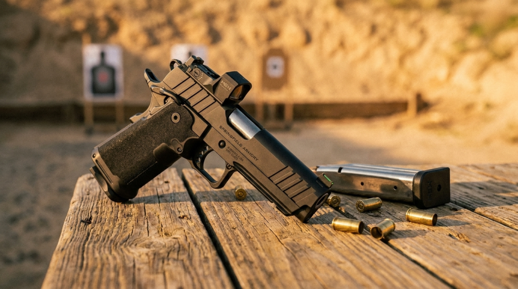Springfield Prodigy Review (2026): The 2011 That Broke the Price Barrier 7 Springfield Prodigy 2011 pistol on a wooden range bench at golden hour with targets downrange