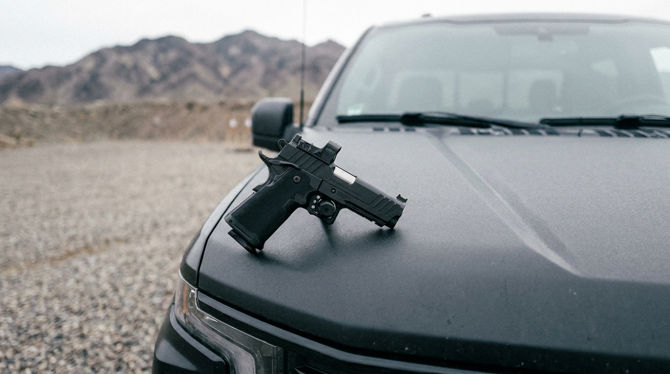 Springfield Prodigy double stack 1911 resting on a truck hood