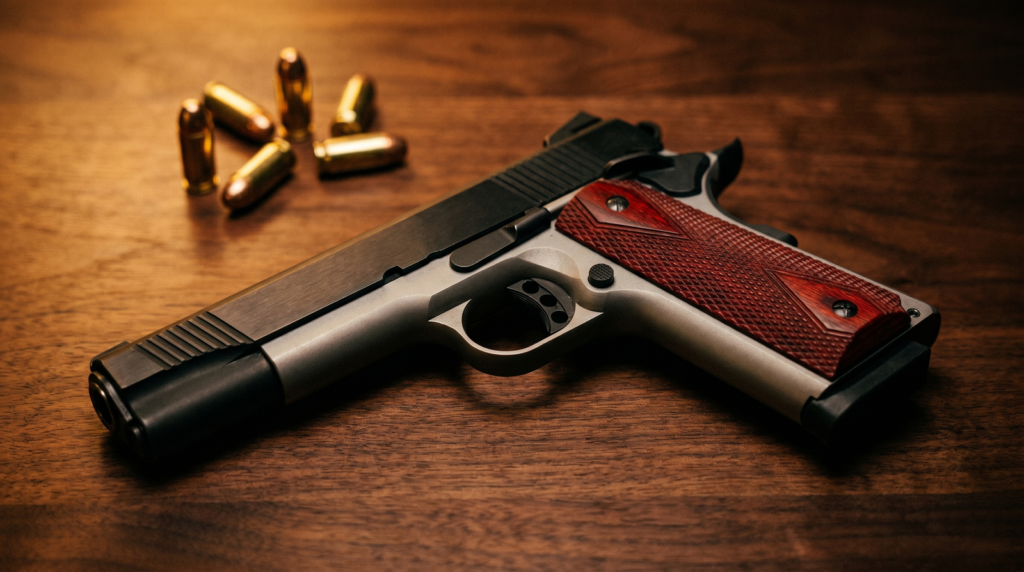 1911 vs Glock: Which Pistol Should You Buy? (2026) 23 PSA 1911 stainless two-tone .45 ACP pistol on a walnut table with loose cartridges