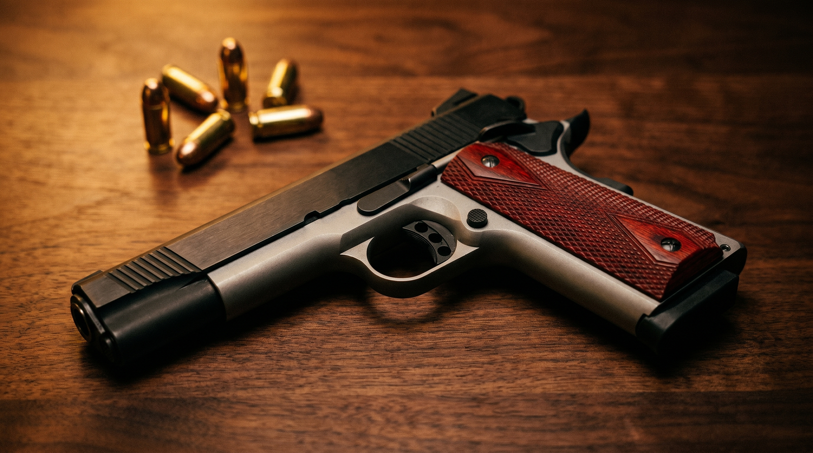 1911 vs Glock: Which Pistol Should You Buy? (2026) 1 PSA 1911 Stainless Two-Tone Premium .45 ACP pistol with red diamond grips and brass cartridges on a dark walnut table