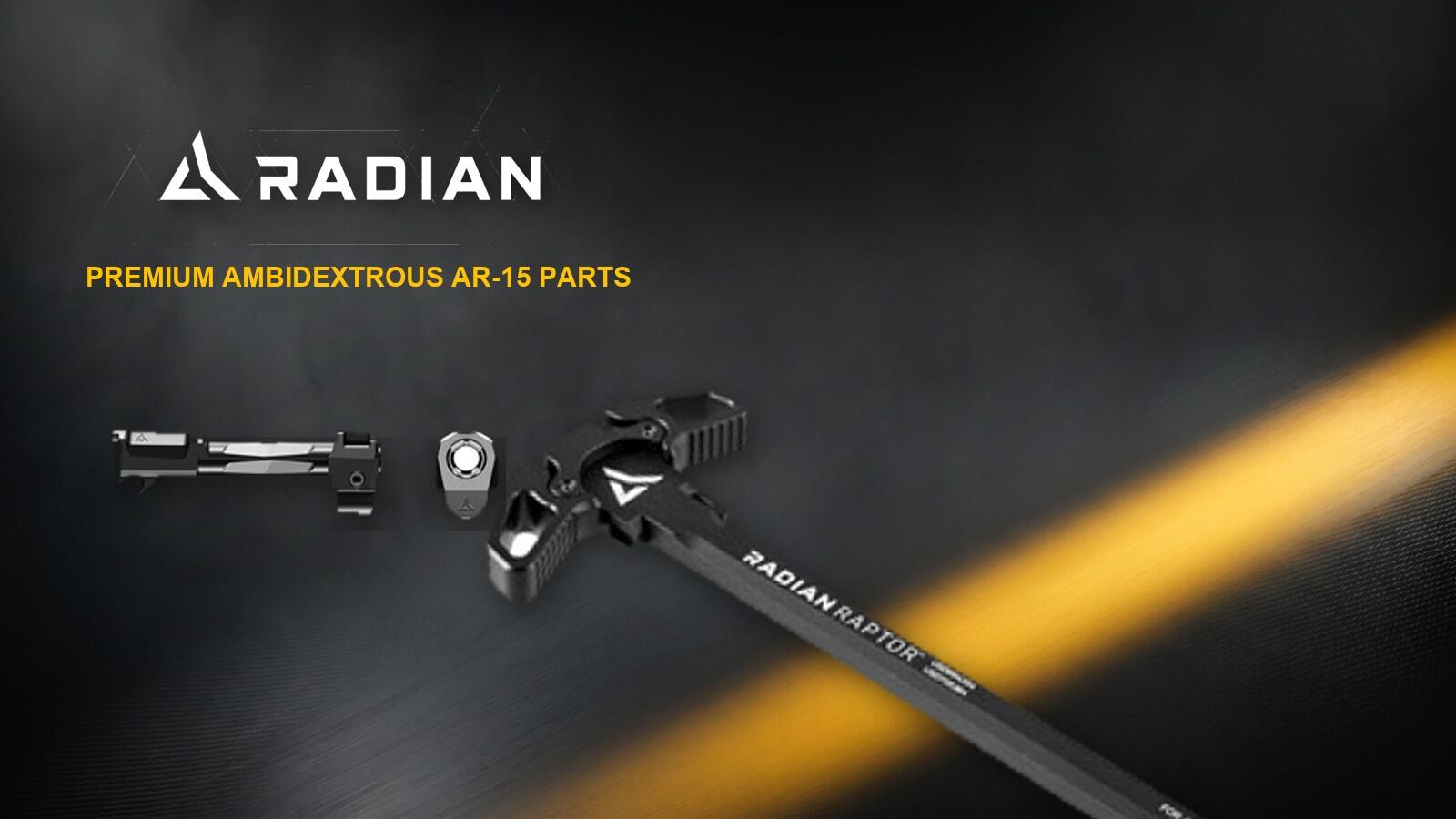 Radian Weapons logo with the Raptor ambidextrous charging handle and Afterburner Ramjet pistol system on a charcoal and gold brand background