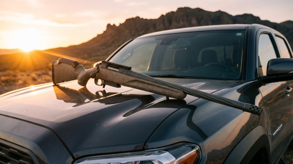 Ruger American Rifle Gen II Review (2026): 540-Round Test 2 Ruger American Rifle Gen II resting on a pickup truck hood at sunset
