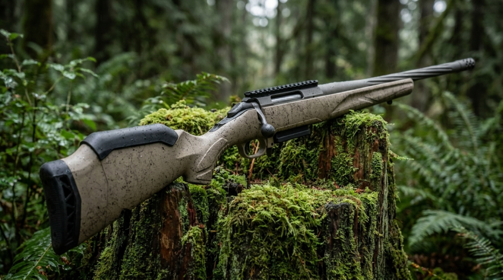 Ruger American Rifle Gen II Review (2026): 540-Round Test 9 Ruger American Rifle Gen II on a mossy cedar stump in a Pacific Northwest forest