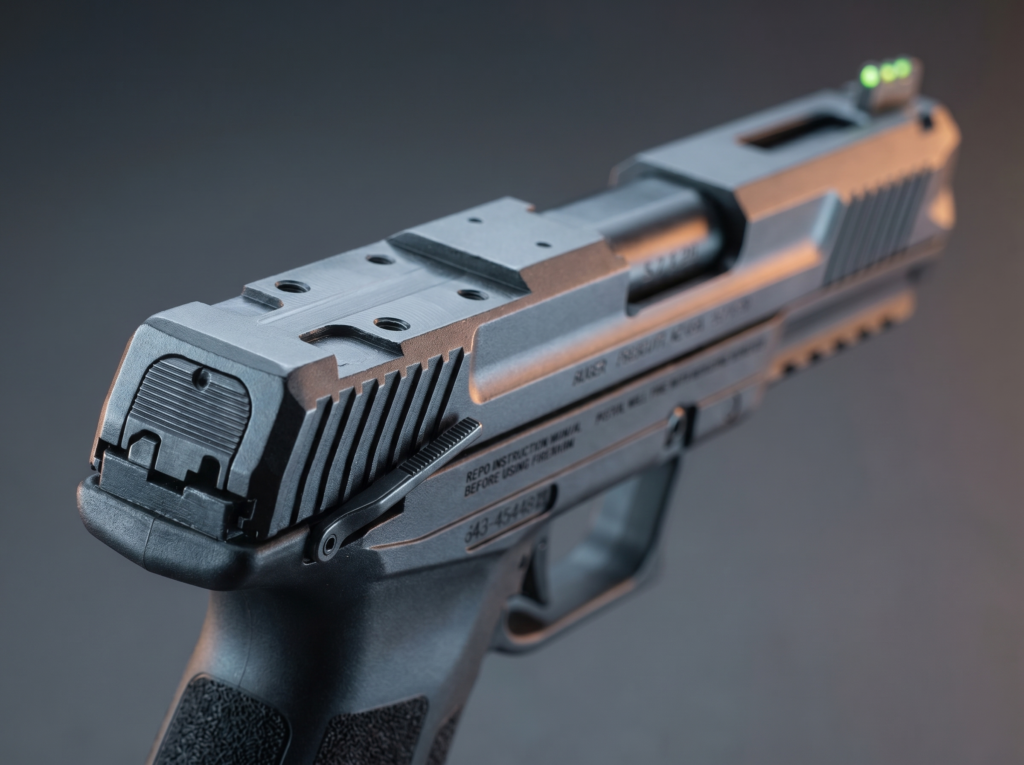 Ruger 5.7 Review: 700 Rounds with the 5.7x28mm Everyone Can Finally Afford (2026) 8 Close-up of the Ruger 5.7 optic-ready slide and fiber-optic front sight