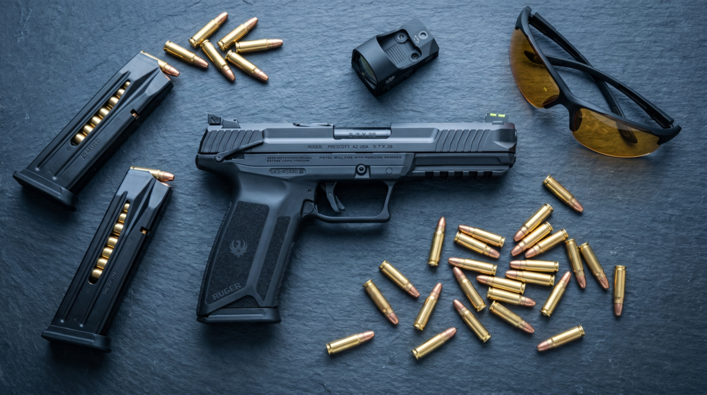 Ruger 5.7 Review: 700 Rounds with the 5.7x28mm Everyone Can Finally Afford (2026) 5 Ruger 5.7 pistol with two 20-round magazines, 5.7x28mm cartridges, a red dot and shooting glasses