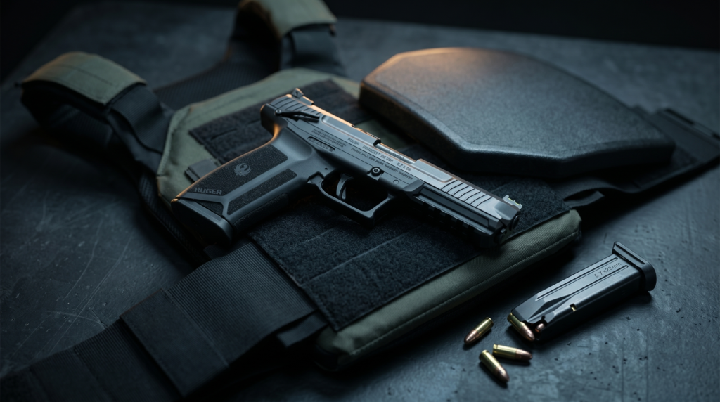 Ruger 5.7 Review: 700 Rounds with the 5.7x28mm Everyone Can Finally Afford (2026) 2 Ruger 5.7 review: the 5.7x28mm pistol resting on a plate carrier body armor vest