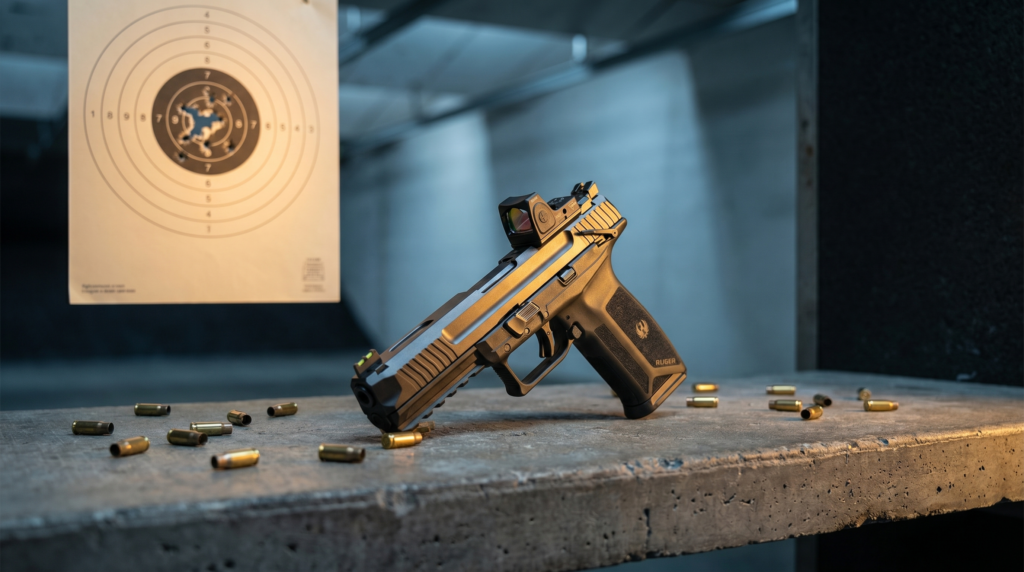 Ruger 5.7 Review: 700 Rounds with the 5.7x28mm Everyone Can Finally Afford (2026) 7 Ruger 5.7 with a red dot sight beside a target showing a tight group at an indoor range