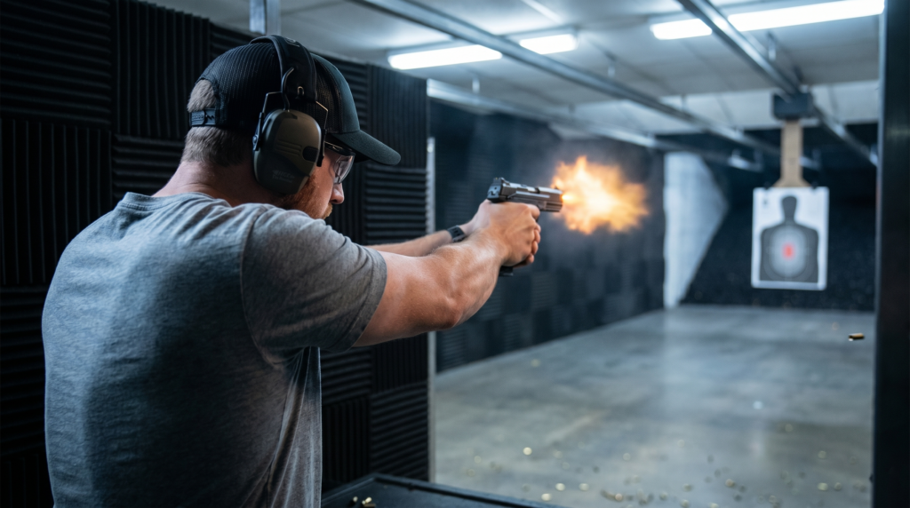 Ruger 5.7 Review: 700 Rounds with the 5.7x28mm Everyone Can Finally Afford (2026) 6 Shooter firing the Ruger 5.7 pistol at an indoor range bay