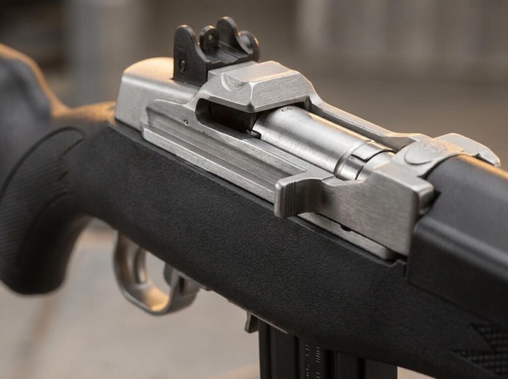 Mini-14 vs AR-15: Which .223 Rifle Should You Buy? (2026) 11 Macro detail of the Ruger Mini-14 stainless receiver and Garand-style action