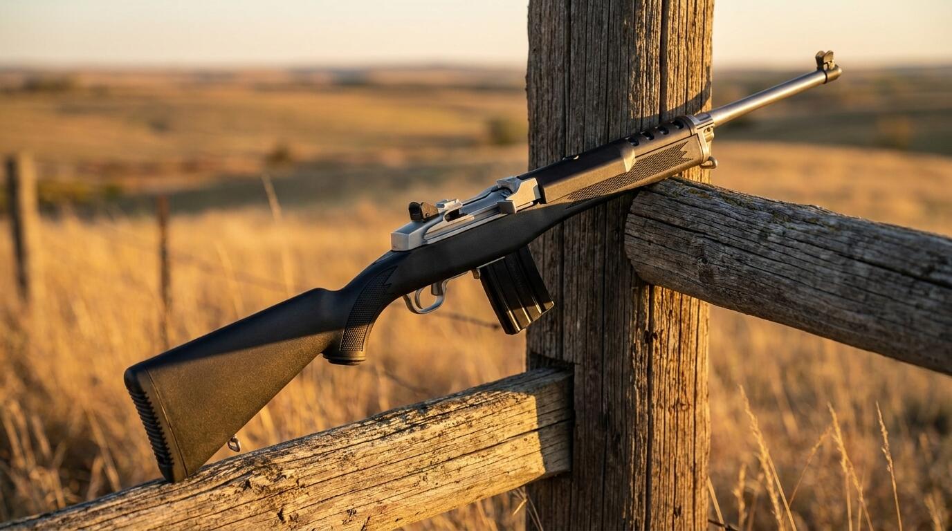 Ruger Mini-14 Ranch Rifle leaning on a wooden ranch fence at golden hour