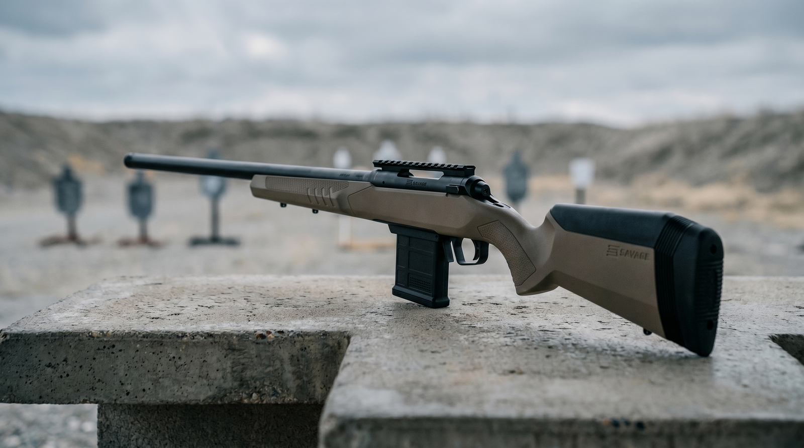 Savage 110 Tactical rifle in FDE on a concrete shooting bench with steel targets downrange