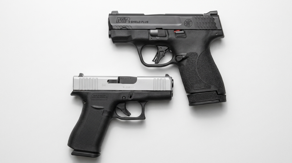 Shield Plus vs Glock 43X: Which Micro 9mm Wins? (2026) 8 Top-down size comparison of the Shield Plus and Glock 43X