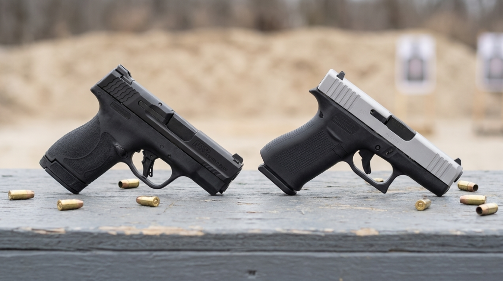 Shield Plus vs Glock 43X: Which Micro 9mm Wins? (2026) 7 Shield Plus and Glock 43X side by side on a wooden range bench