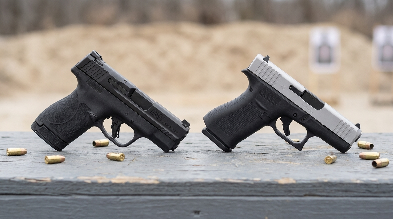 Shield Plus vs Glock 43X: Which Micro 9mm Wins? (2026) 1 Smith and Wesson Shield Plus and Glock 43X side by side on a wooden range bench