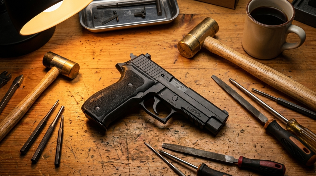 Sig P226 vs Sig P320: Which SIG Should You Buy? (2026) 9 Sig P226 on a gunsmith workbench under a warm lamp