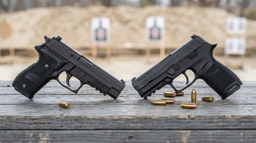 Sig P226 vs Sig P320: Which SIG Should You Buy? (2026) 7 Sig P226 and Sig P320 side by side on a wooden range bench