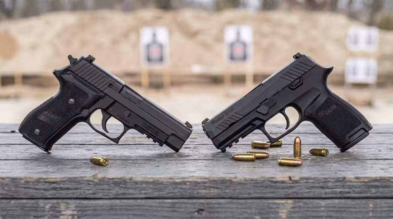 Sig P226 vs Sig P320: Which SIG Should You Buy? (2026) 1 Black metal-frame Sig P226 and polymer Sig P320 side by side on a wooden range bench