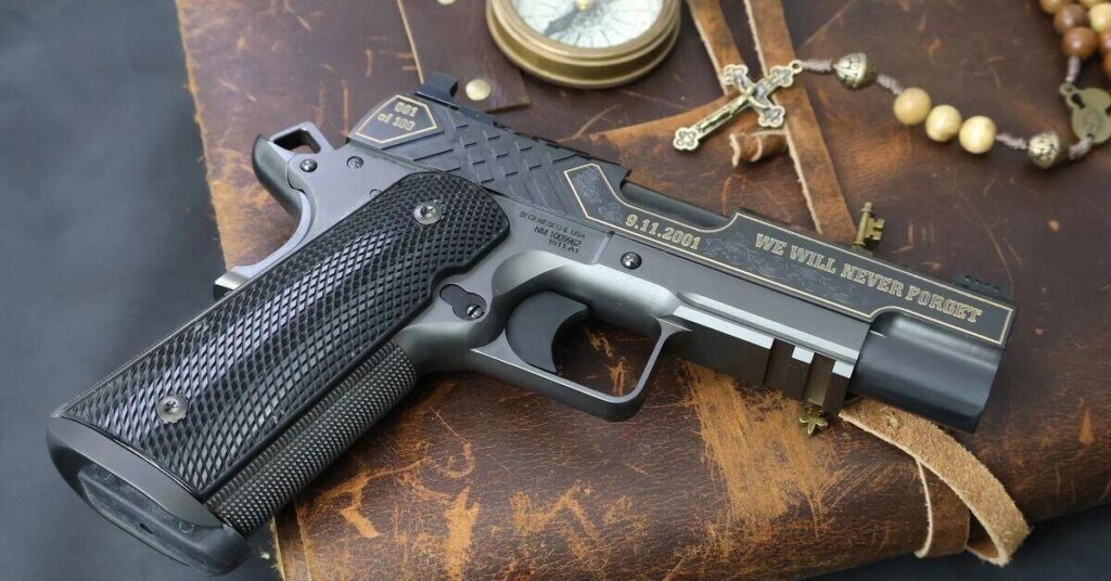 SK Guns Marks 9/11's 25th Anniversary With a Limited 1911 2 SK Guns Commander-size 9mm 1911 with Twin Towers engraving marking the 25th anniversary of 9/11