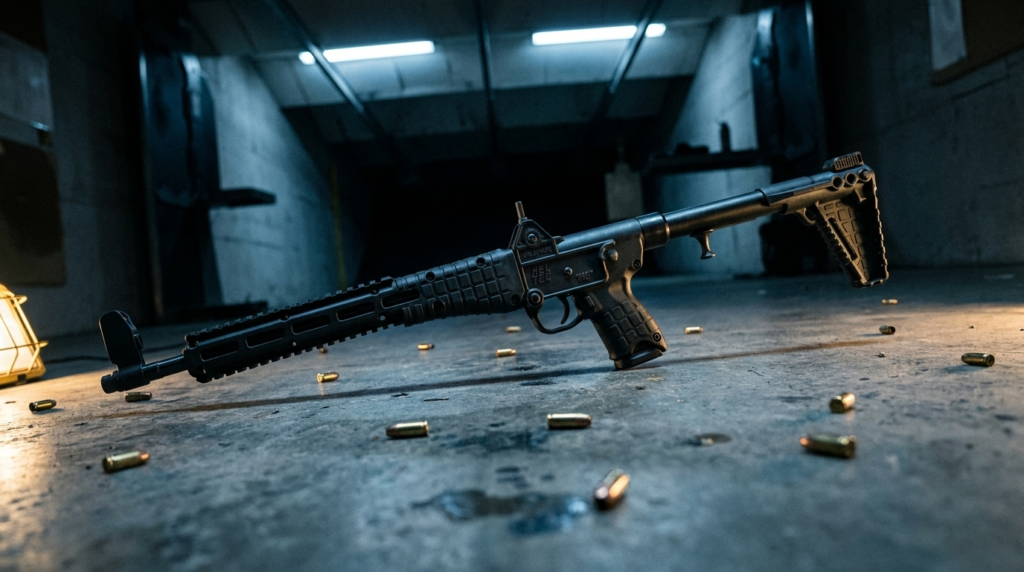 Kel-Tec Sub-2000 Review (2026): The Folding 9mm Carbine, Tested 7 Kel-Tec Sub-2000 9mm carbine on a tactical bay floor at night with scattered brass