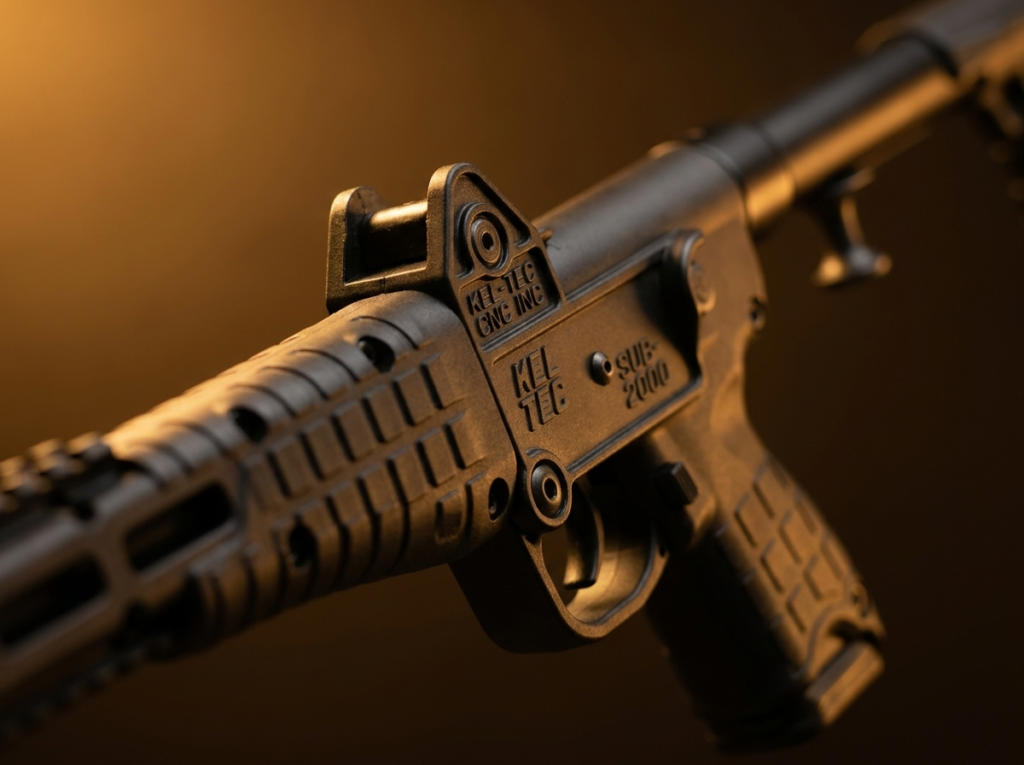 Kel-Tec Sub-2000 Review (2026): The Folding 9mm Carbine, Tested 8 Macro of the receiver, folding latch and KEL-TEC markings on the Sub-2000