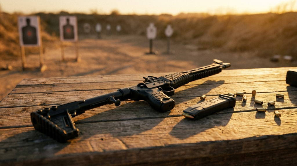 Kel-Tec Sub-2000 Review (2026): The Folding 9mm Carbine, Tested 6 Kel-Tec Sub-2000 carbine on a wooden range bench at golden hour with targets downrange