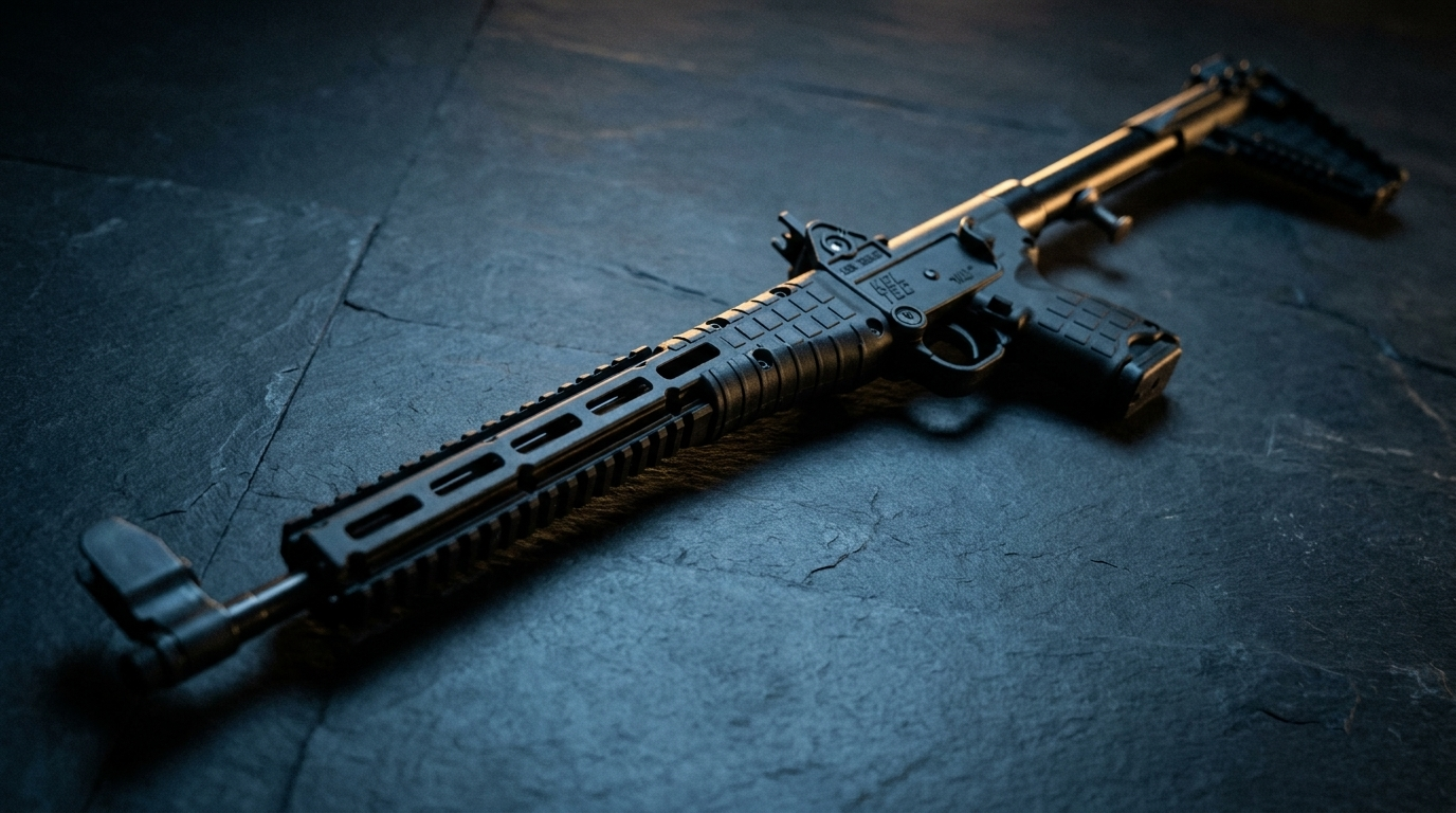 Black Kel-Tec Sub-2000 folding 9mm carbine on dark slate in moody light