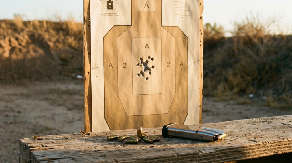 Kel-Tec Sub-2000 Review (2026): The Folding 9mm Carbine, Tested 9 Target shot with the Kel-Tec Sub-2000 showing a tight 9mm cluster and scattered brass