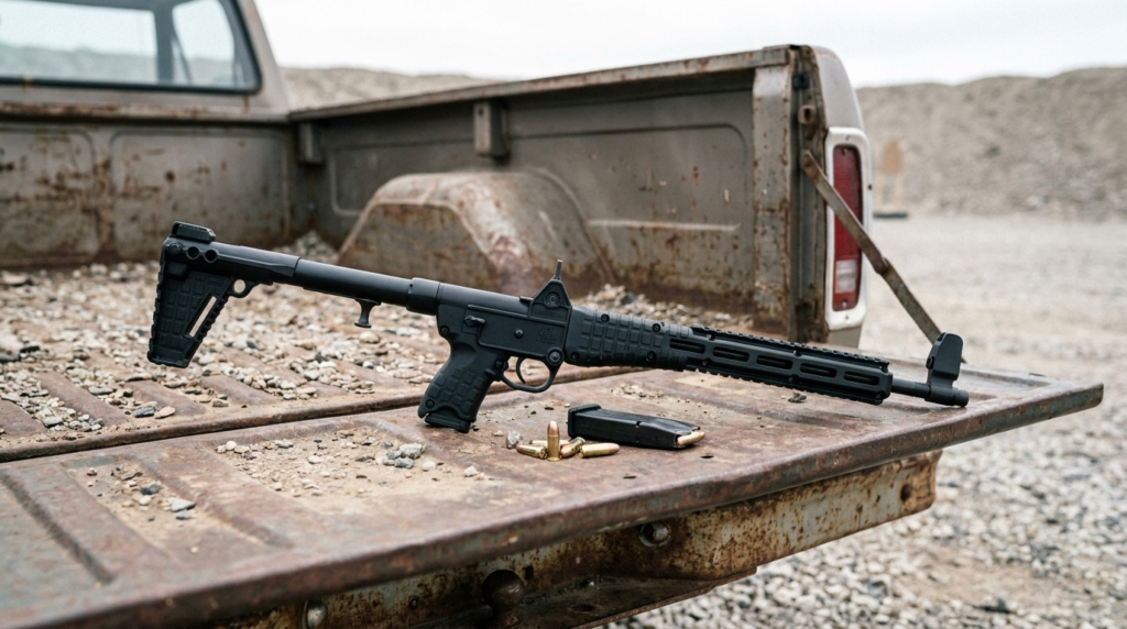 Kel-Tec Sub-2000 Review (2026): The Folding 9mm Carbine, Tested 2 Kel-Tec Sub-2000 9mm carbine on the bed of a pickup truck at a gravel range
