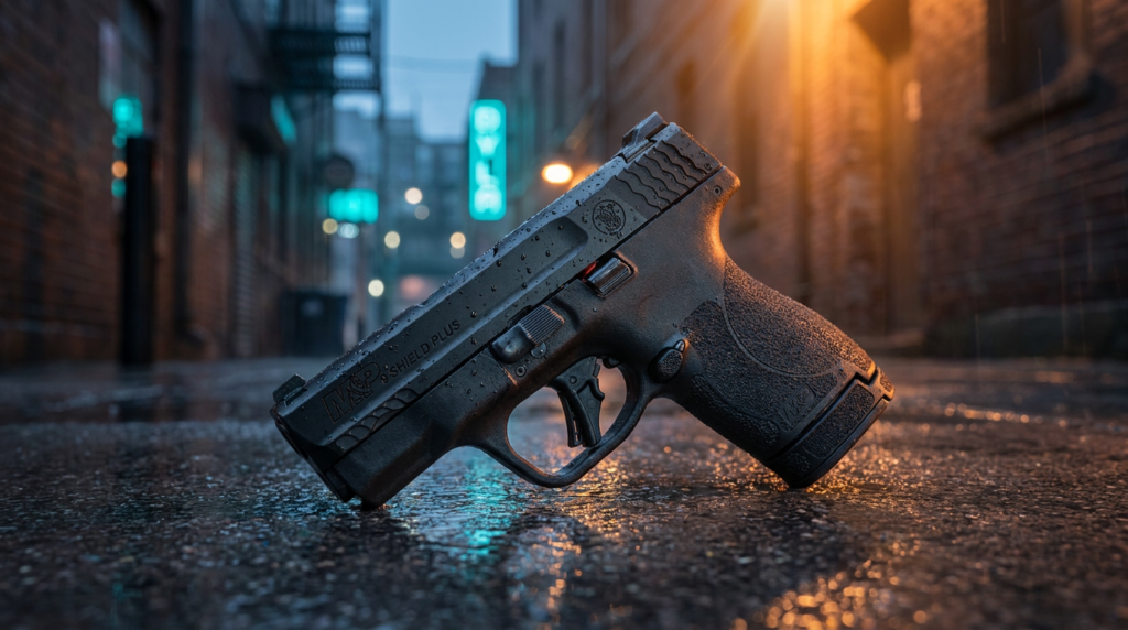 Shield Plus vs Glock 43X: Which Micro 9mm Wins? (2026) 9 Black Smith and Wesson Shield Plus on wet concrete at blue hour