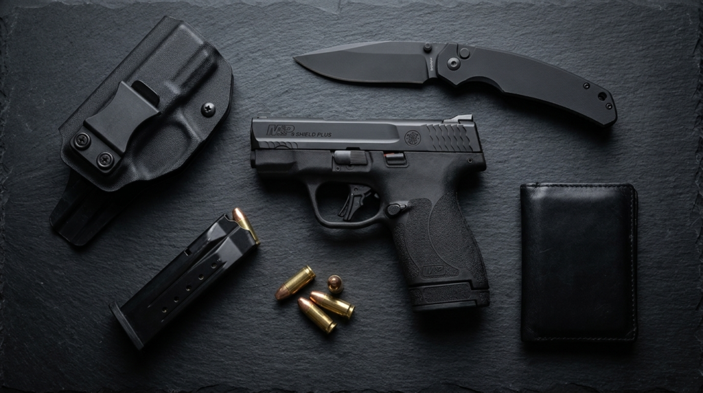 Shield Plus vs Glock 43X: Which Micro 9mm Wins? (2026) 11 Shield Plus everyday carry flat lay with holster, spare mag and knife