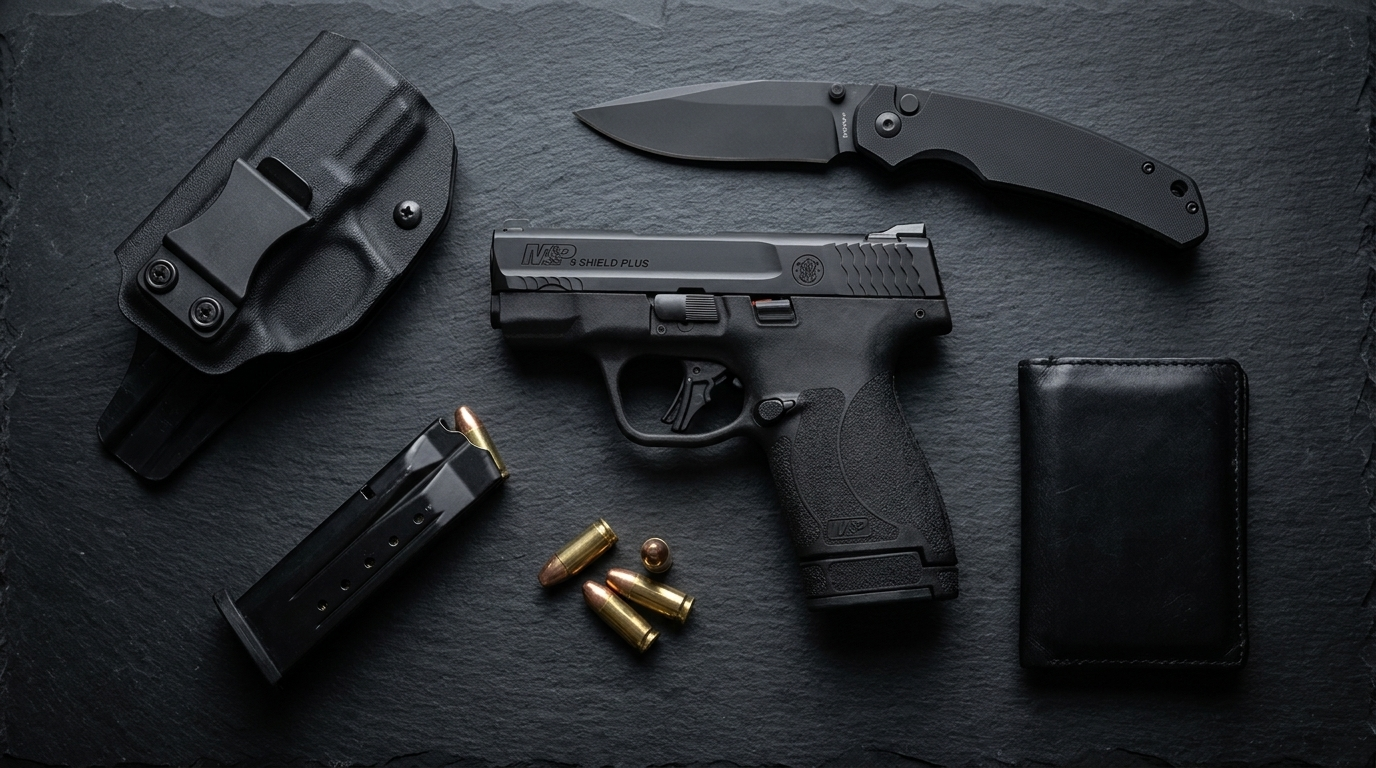 Smith & Wesson M&P Shield Plus laid out with its kydex holster, a spare magazine, loose 9mm rounds, a folding knife and a wallet on a slate surface