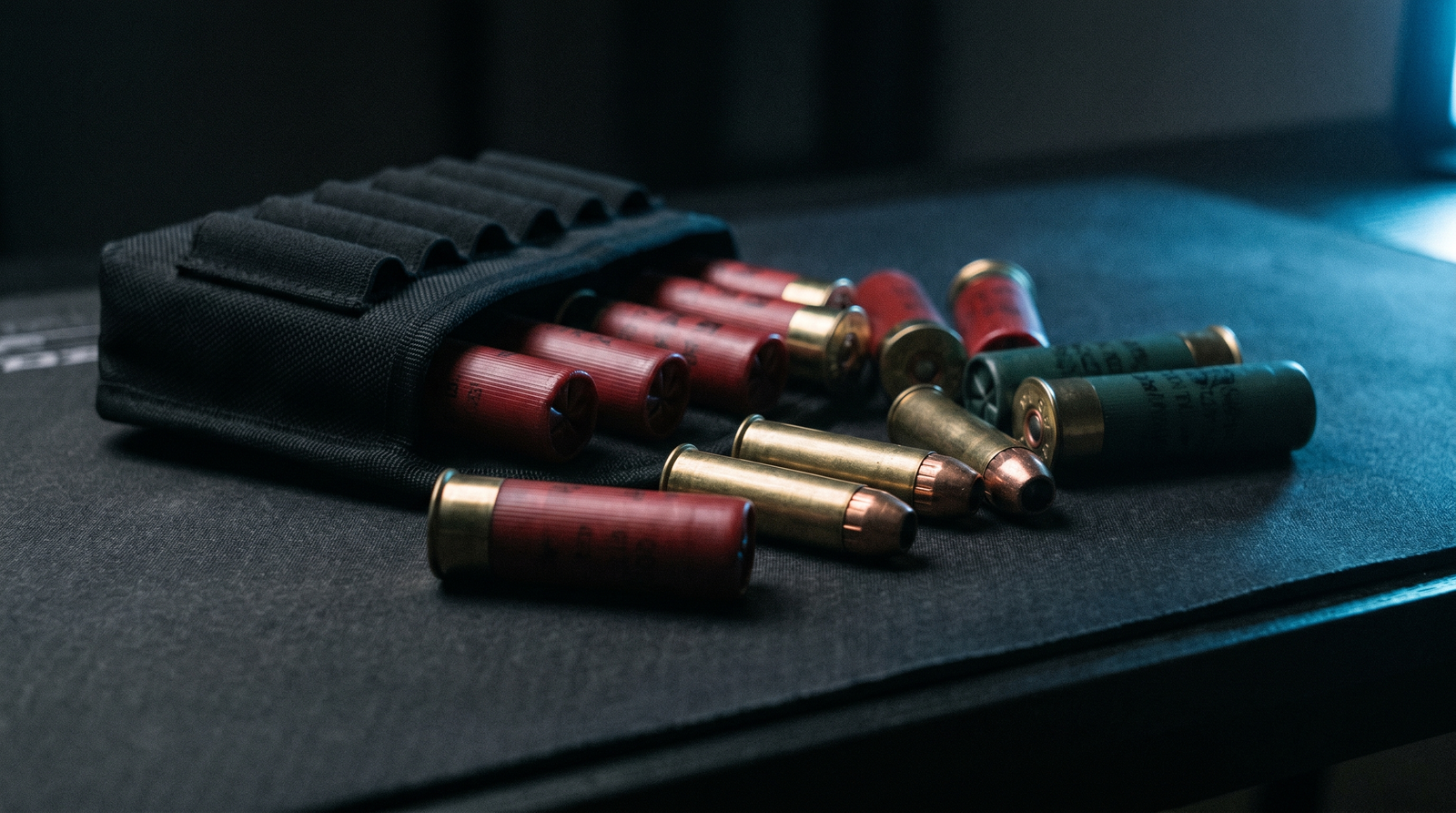 Can You Hunt with a Tactical Shotgun? Yes, and Here's How 1 Buckshot, slug and turkey shotgun shells with a side-saddle carrier on a tactical mat for hunting with a tactical shotgun