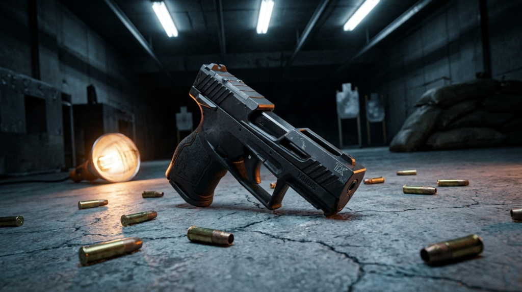 Taurus TX22 Review (2026): 750-Round Test of the $260 Plinker 8 Black Taurus TX22 pistol on a tactical bay floor at night with scattered brass
