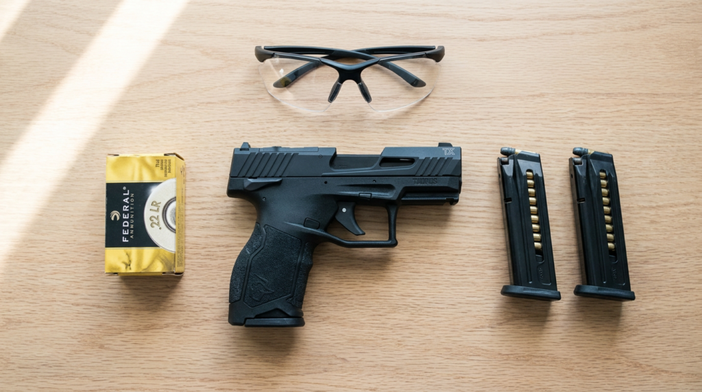 Taurus TX22 Review (2026): 750-Round Test of the $260 Plinker 2 Taurus TX22 .22 pistol flat-lay with two magazines and Federal ammo on an oak table