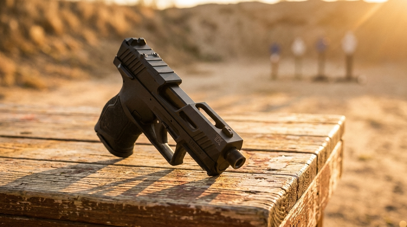 Black Taurus TX22 .22 LR pistol on a wooden range bench at golden hour