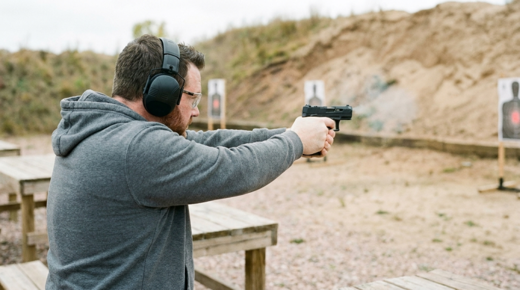 Taurus TX22 Review (2026): 750-Round Test of the $260 Plinker 7 Shooter firing the black Taurus TX22 .22 pistol two-handed at an outdoor range