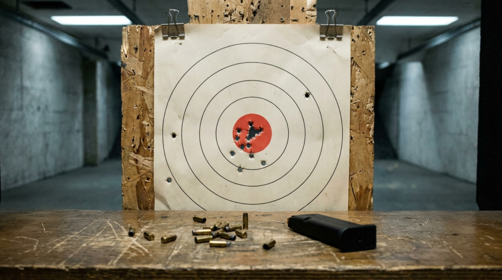 Taurus TX22 Review (2026): 750-Round Test of the $260 Plinker 10 Paper bullseye target shot with the Taurus TX22 .22 with a tight center cluster and scattered brass