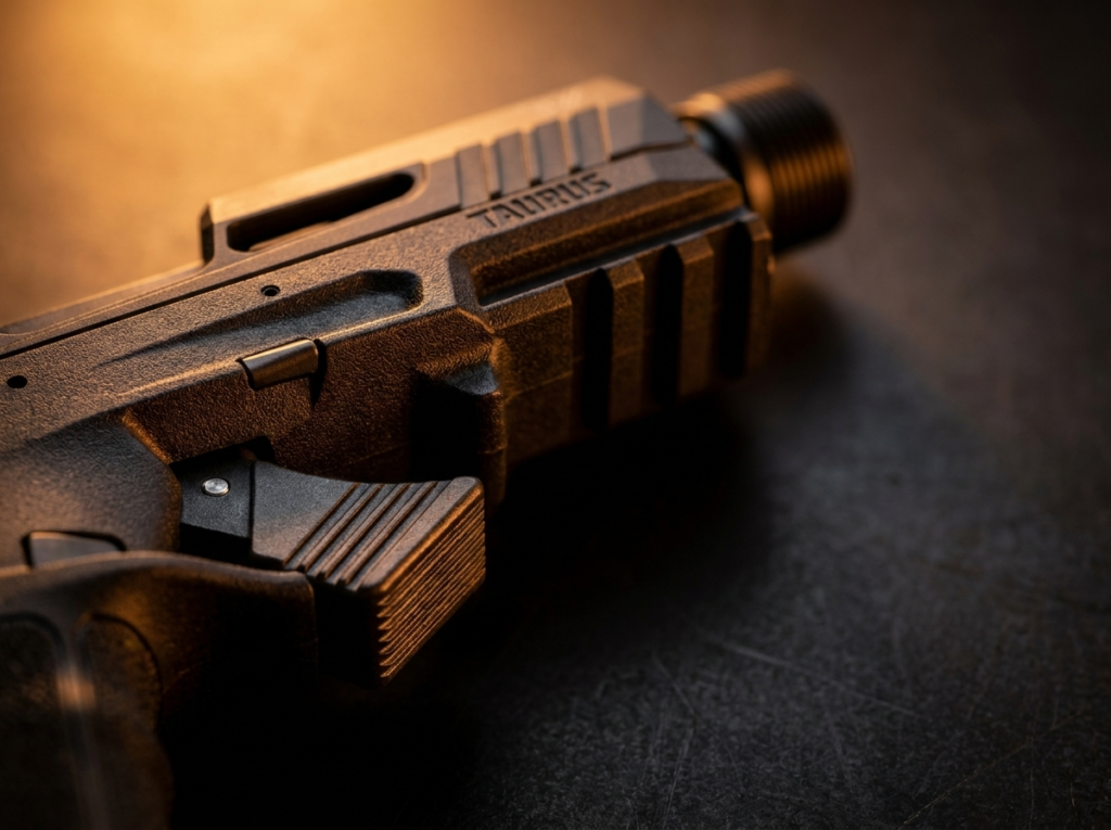 Taurus TX22 Review (2026): 750-Round Test of the $260 Plinker 9 Macro close-up of the slide serrations, TAURUS rollmark and threaded barrel on the TX22