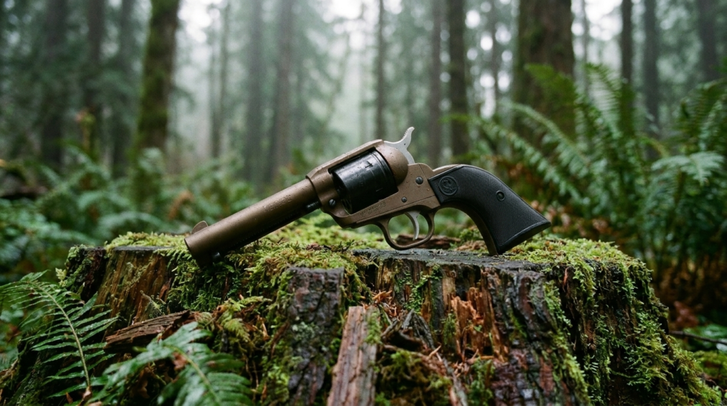 Ruger Wrangler Review (2026): 600-Round Test of the $200 Plinker 7 Burnt bronze Ruger Wrangler revolver resting on a mossy stump in a forest